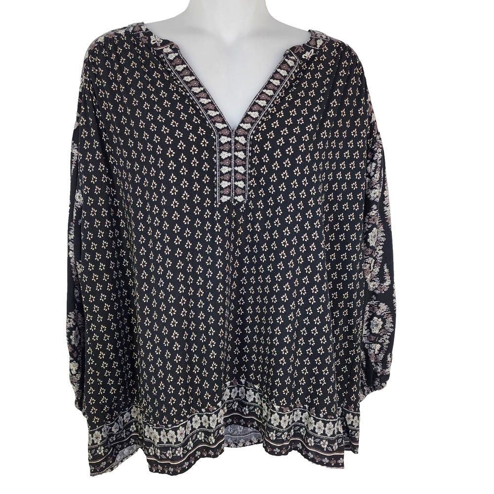 Knox Rose Top Womens Large Balloon 3/4 Sleeve Black Floral Paisley Boho Hippie